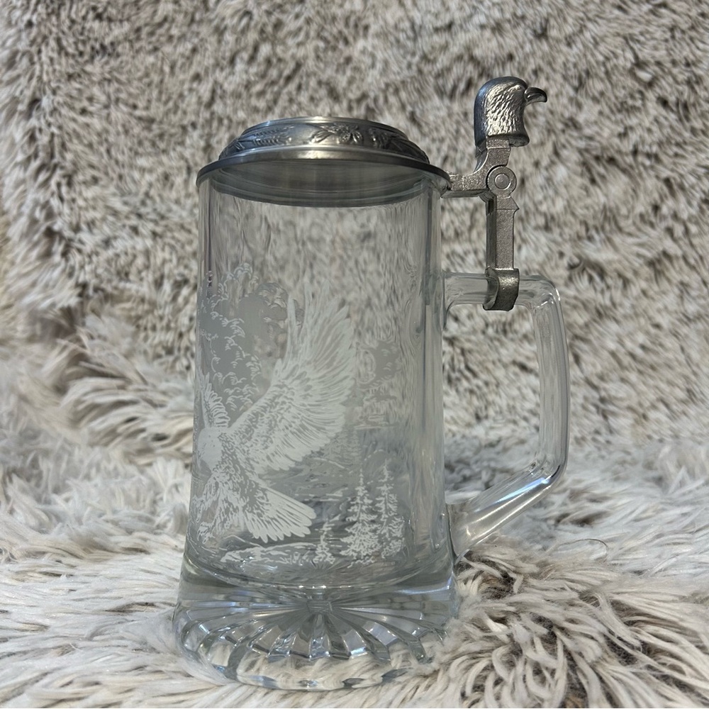 Vtg‎ German Beer Stein w/ Pewter Eagle Head Lid Etched Glass Beer Mug Cold Drink